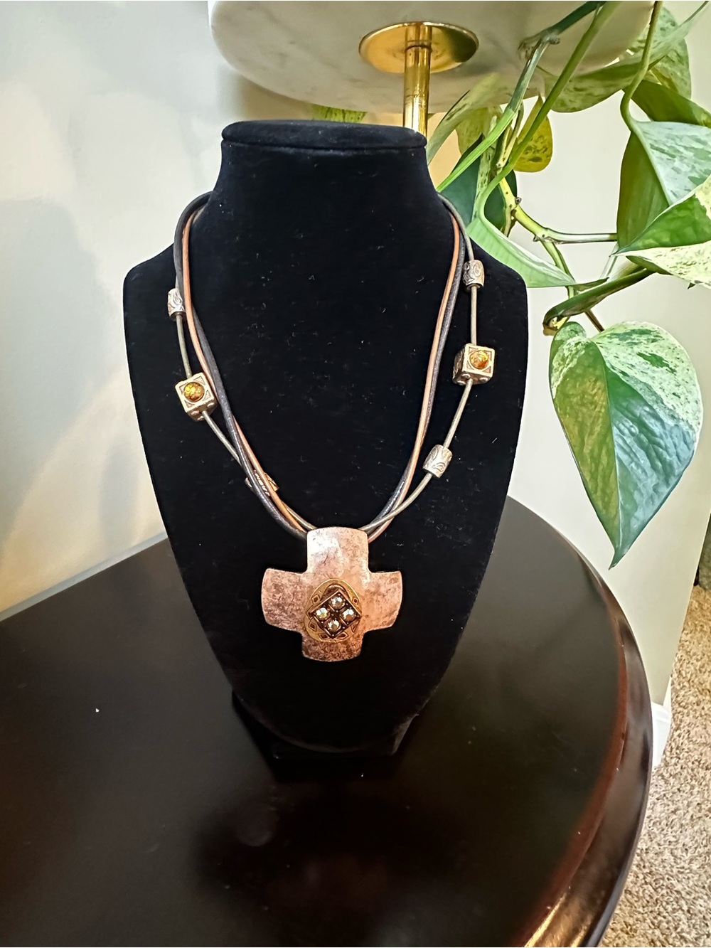 Chico's Copper Cross Pendant Necklace with Amber Accents